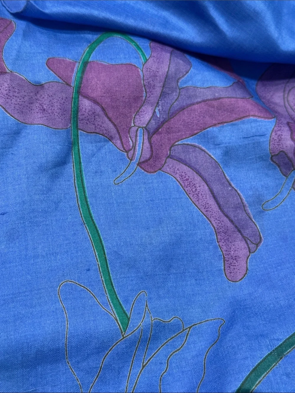 Vibrant Blue Floral Silk Scarf block printed stunning 35” by 36”